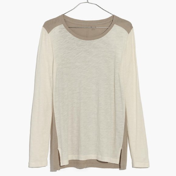 Madewell Whisper Long Sleeve Crewneck Multicolor Tee Tan & Cream Colorblock-S - Picture 1 of 14